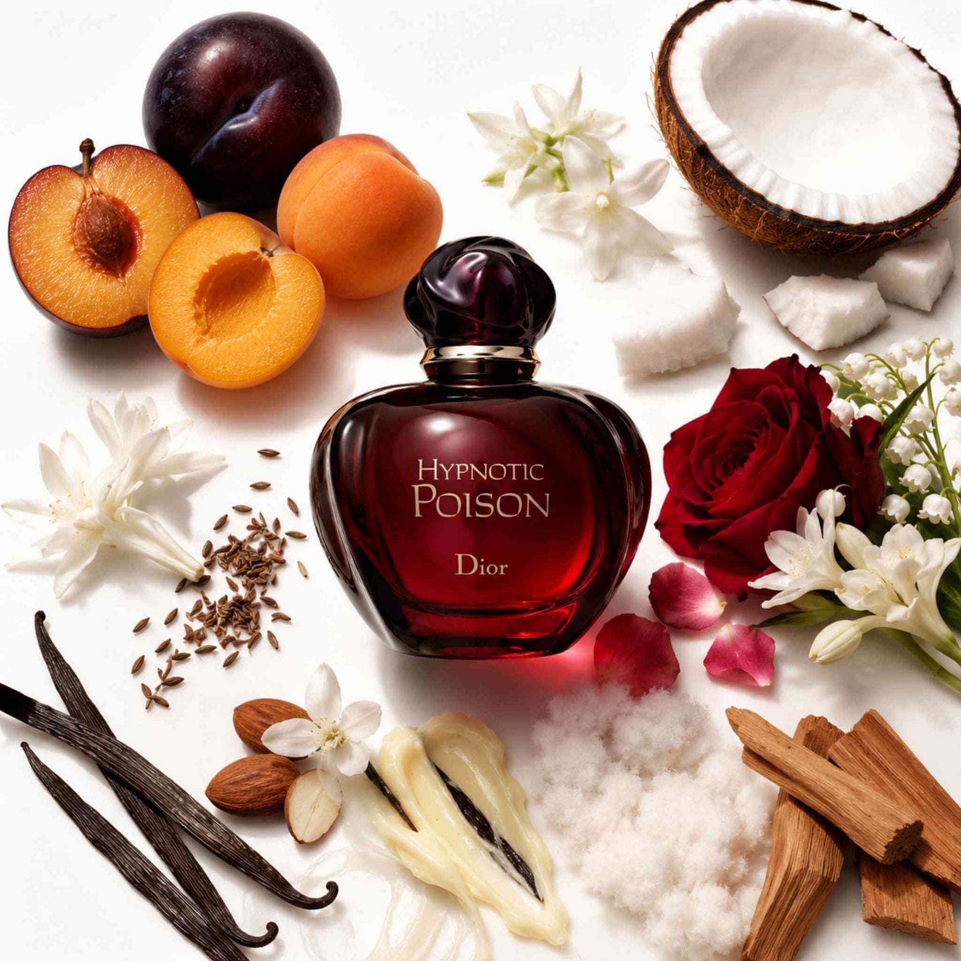 Vanilla, plum, and almond notes surrounding Dior Hypnotic Poison perfume