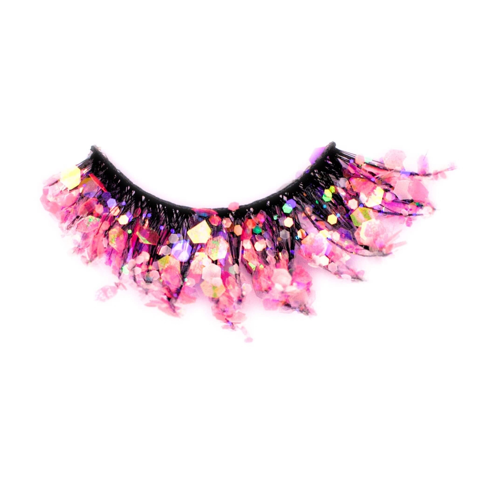 Close up of Miss Dolly lash with pink blacklight glow glitter