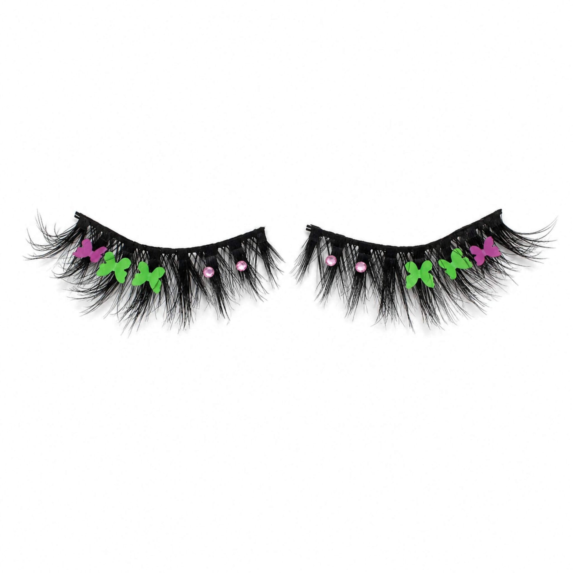 Flirty green and purple butterfly eyelashes with pink crystals