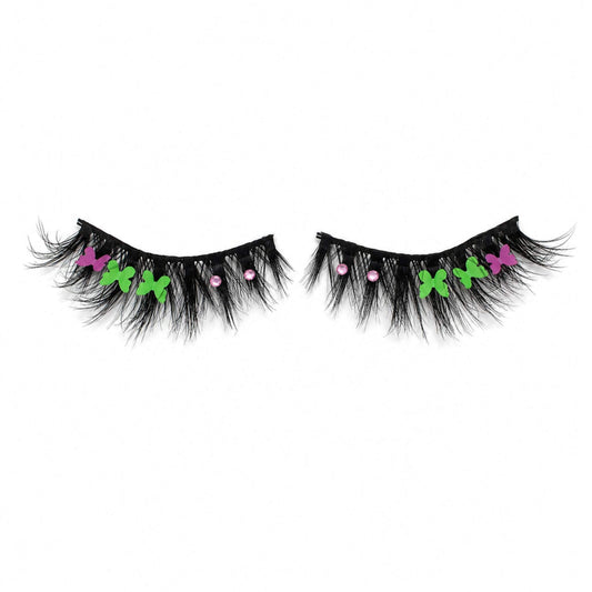Flirty green and purple butterfly eyelashes with pink crystals