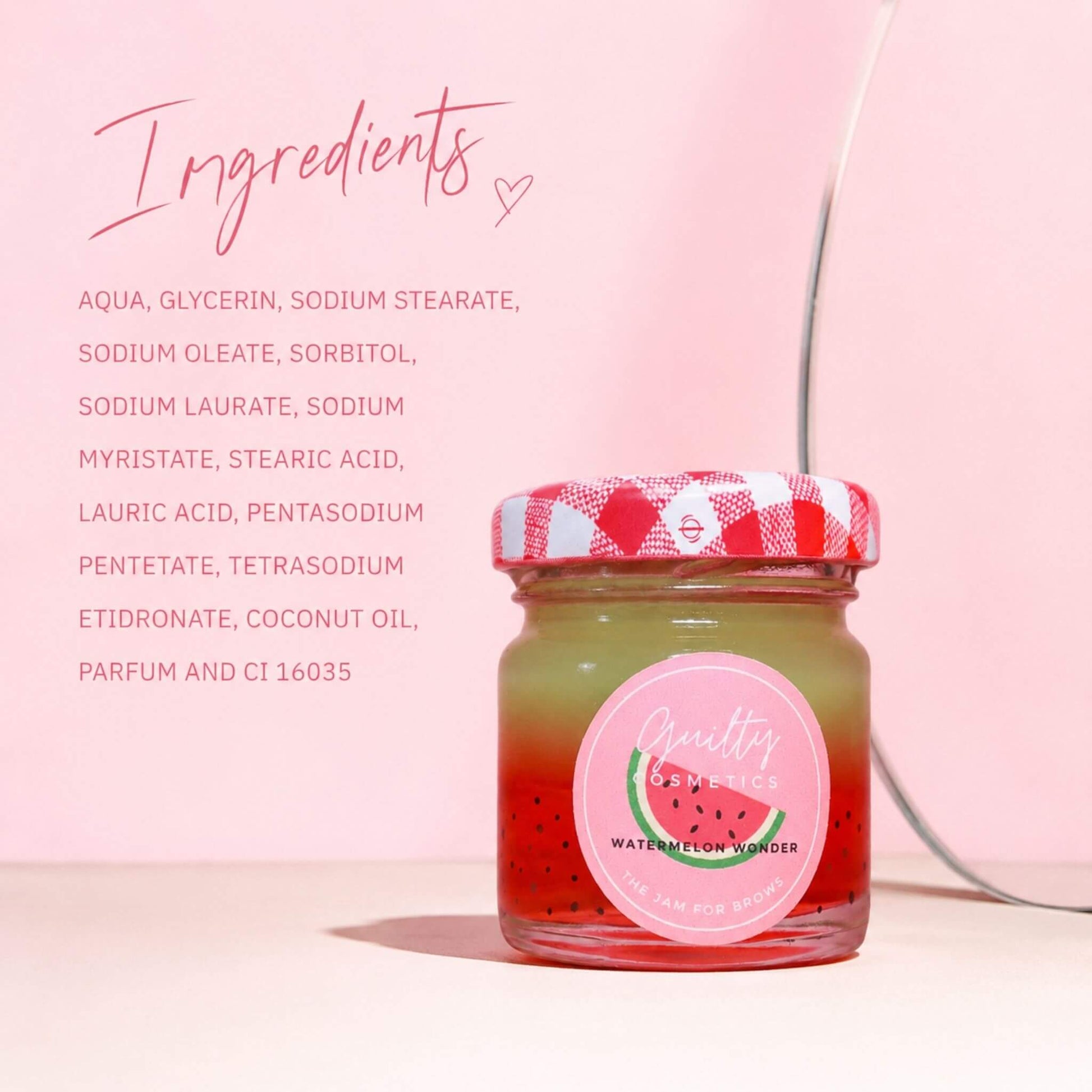 Jar of watermelon soap brows featuring a list of vegan ingredients.